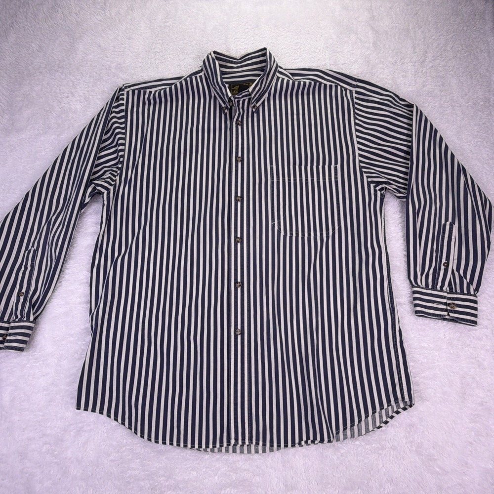 Vintage Eddie Bauer Men's Large Blue Stripe Button Up Long Sleeve Shirt Pocket